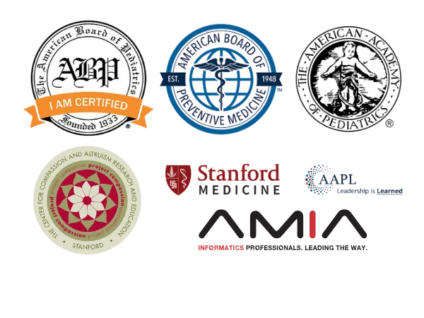 Board certifications and professional affiliations: American Board of Pediatrics, American Board of Preventive Medicine, American Academy of Pediatrics, Stanford Medicine, AAPL, and AMIA